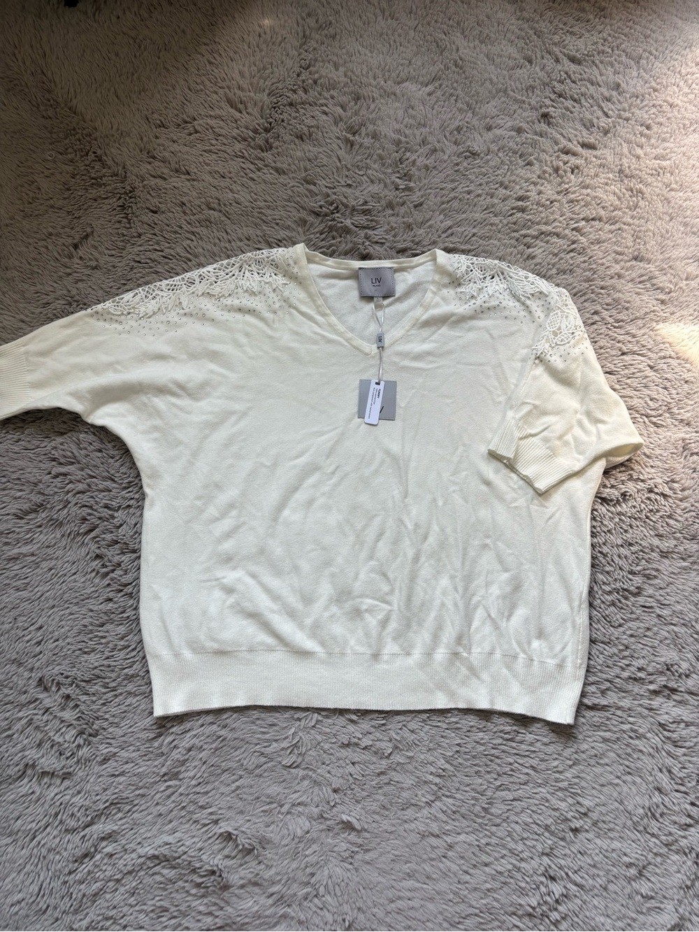 Liv Milano Ivory V-Neck Pullover with Shoulder Stud Crochet Detail Large